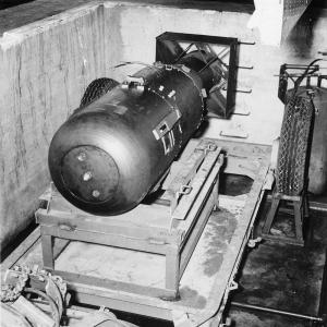 Little Boy on Tinian Island before being loaded onto the Enola Gay